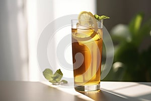 A refreshing iced tea served in a tall glass with a lemon wedge and a sprig of mint. 